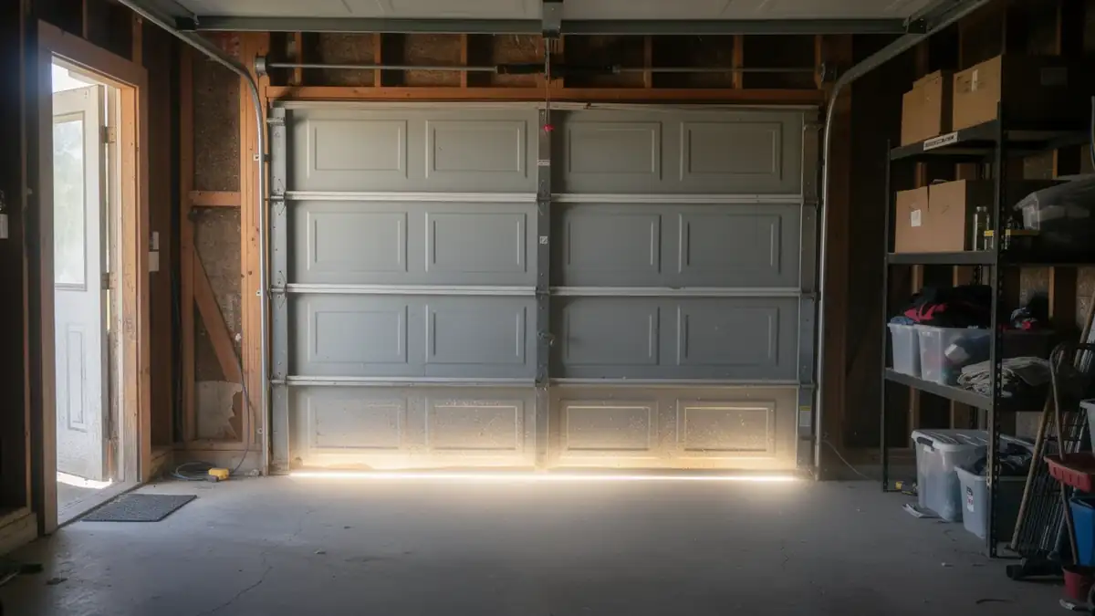 A closed gray garage door with a bright light shining underneath it.