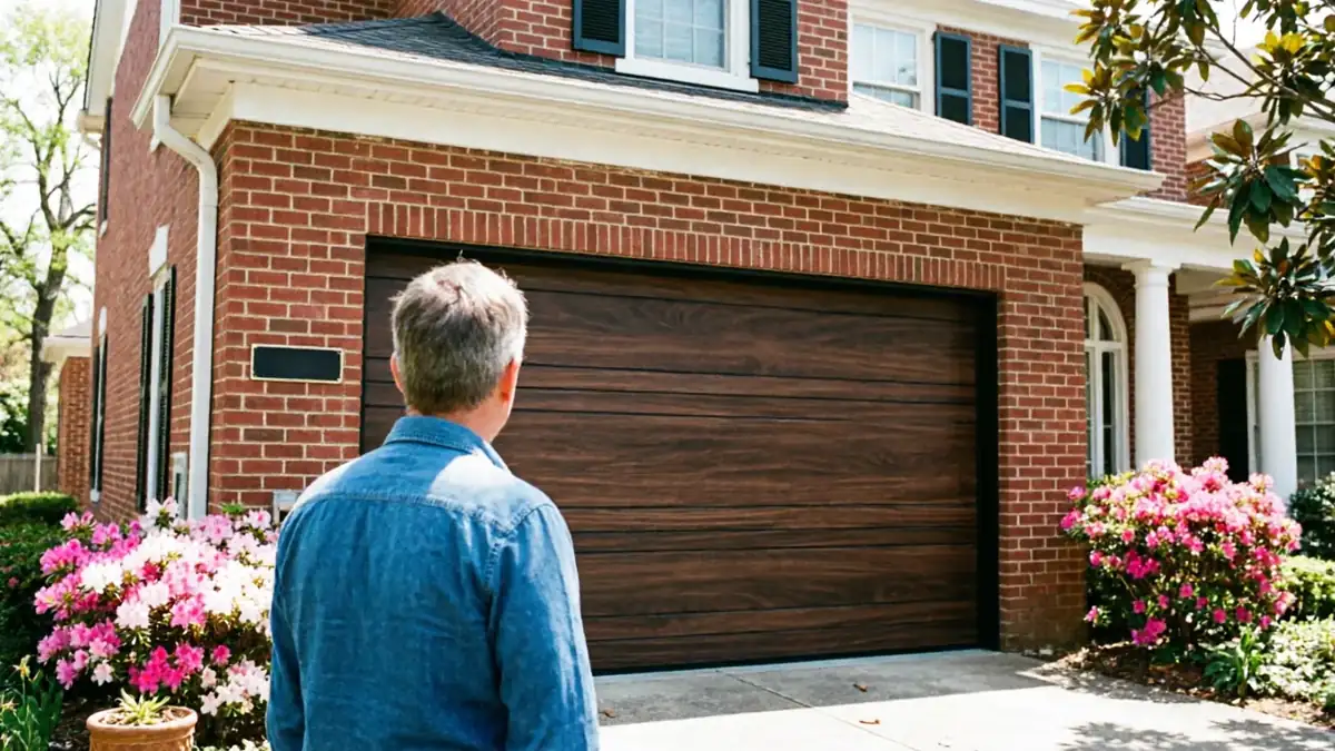 A man in a blue shirt stands facing a dark wood garage door on a brick house.