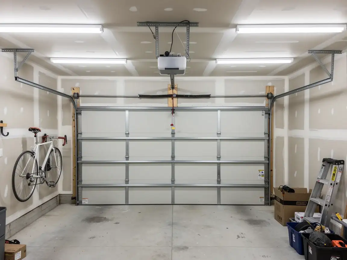 A closed white garage door is centered in a garage with a bicycle and ladder.