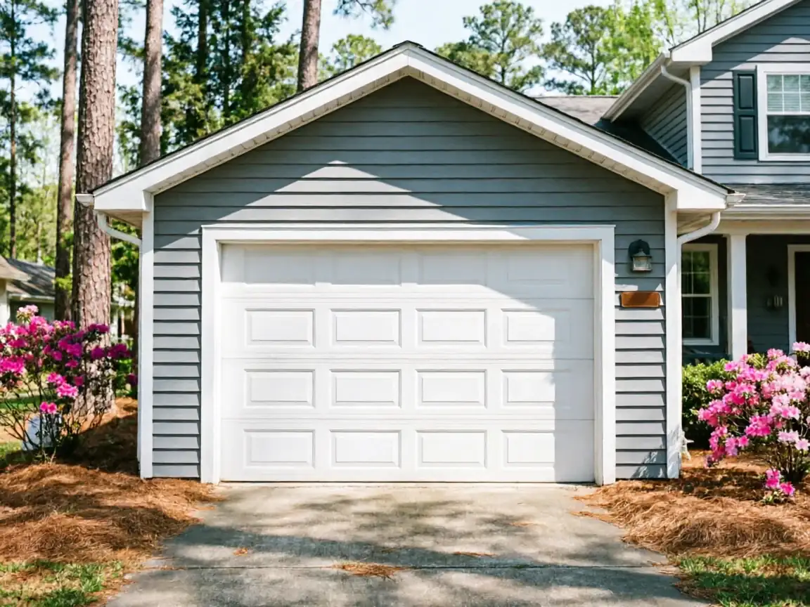 A white garage door is on a gray house with pink flowers.