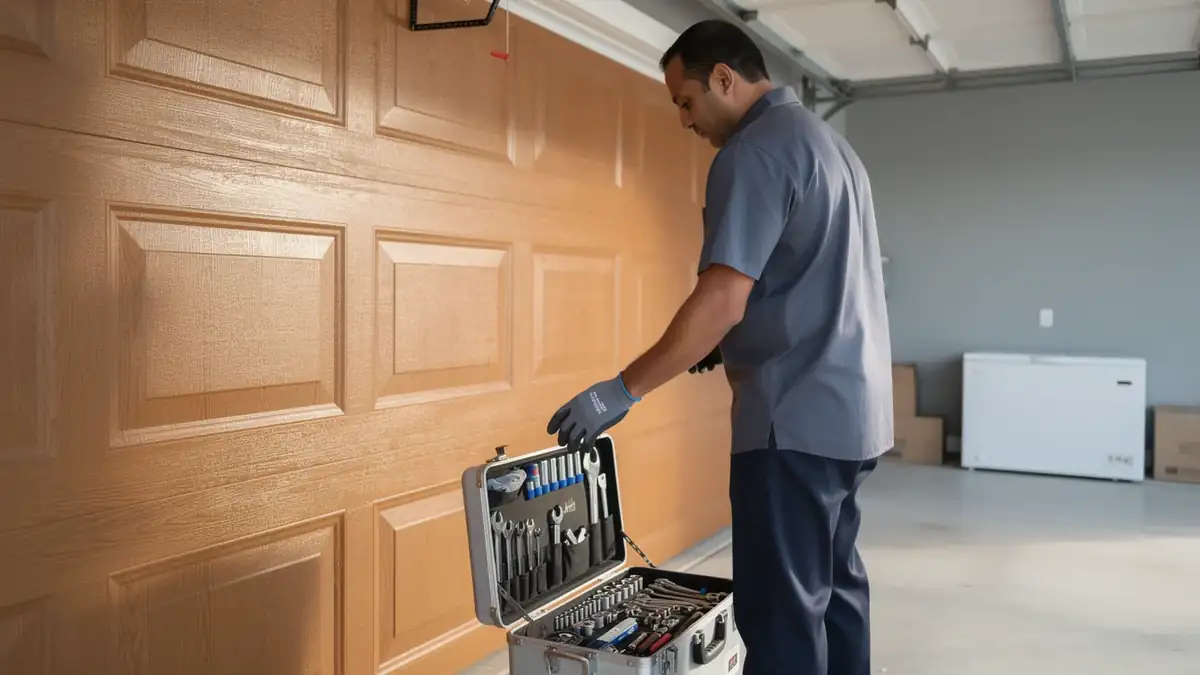 A technician in a gray shirt and gloves is reaching into an open toolbox.
